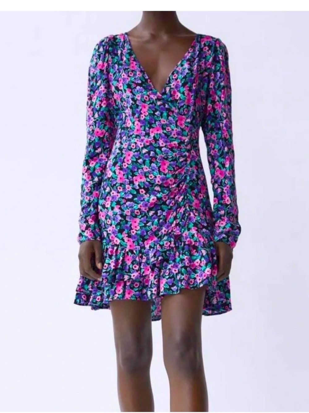 Zara Floral Wrap Long-Sleeve Mini Dress - Purple & Pink